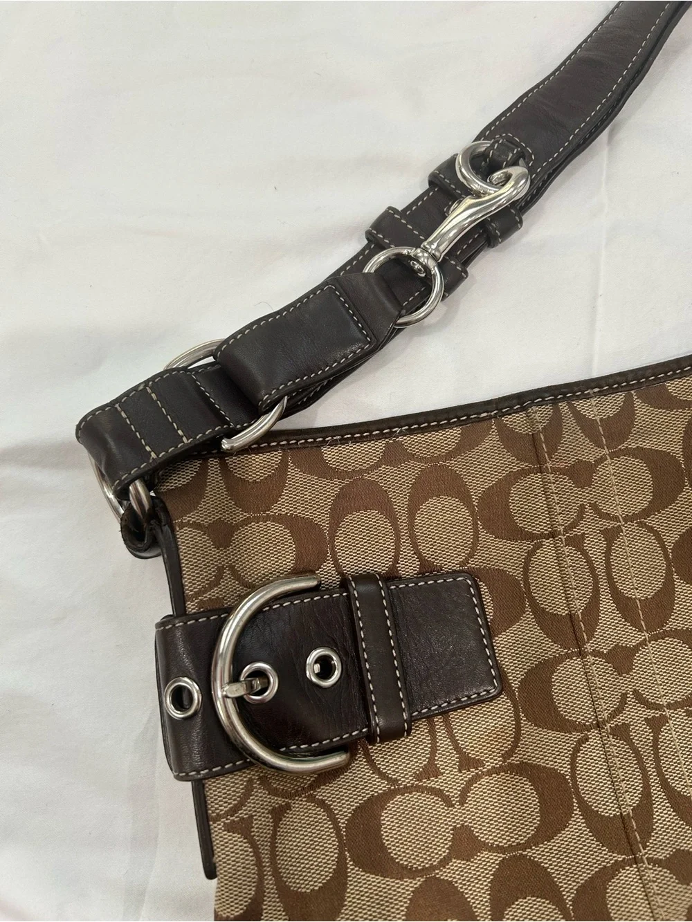 Coach Brown Signature Canvas Shoulder Bag with Dark Trim